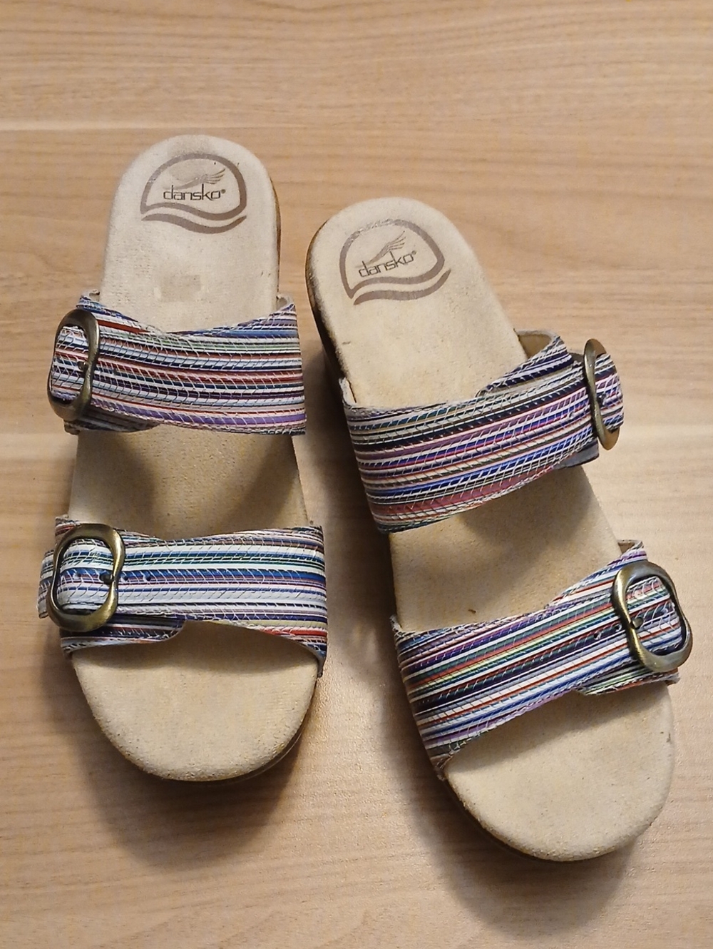 Dansko "Multi Striped" Adjustable Double-Buckle Leather Slide Sandals in Size 37